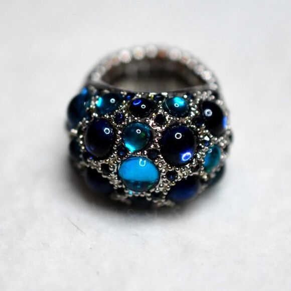 Blue Bubble Stone Rhinestone Accent Silver Tone Stretch Band OSFA Ring - Picture 2 of 3